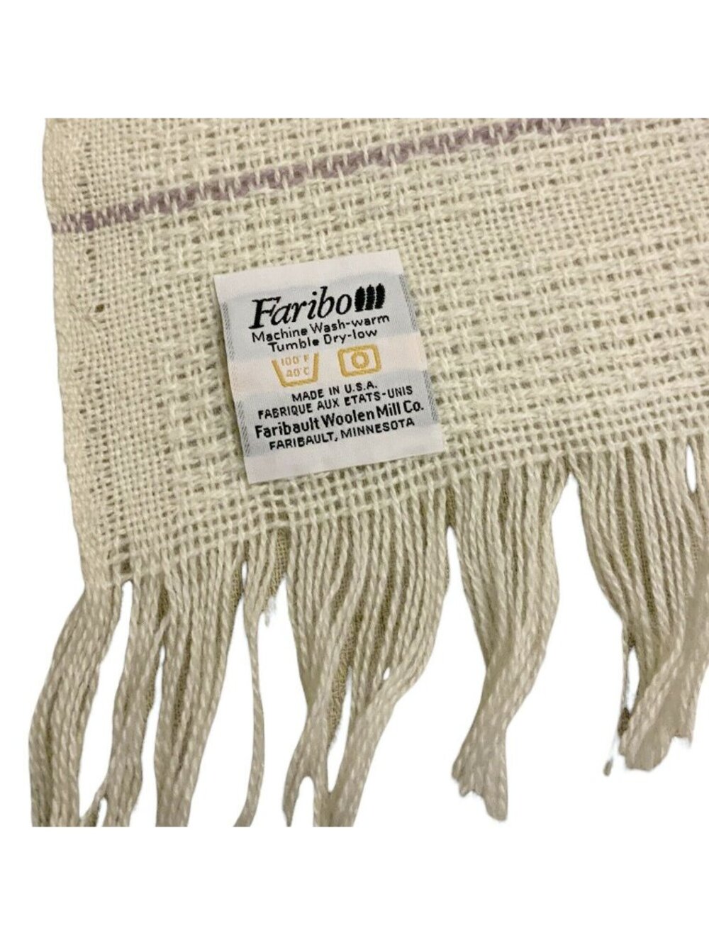Vintage Faribo Lightweight Acrylic Blend Throw Blanket Cream Muted Stripe Fringe - Picture 7 of 7